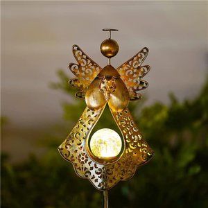 Solar Garden Stake Lights Outdoor Bronze Angel Crackle Glass Globe Waterproof